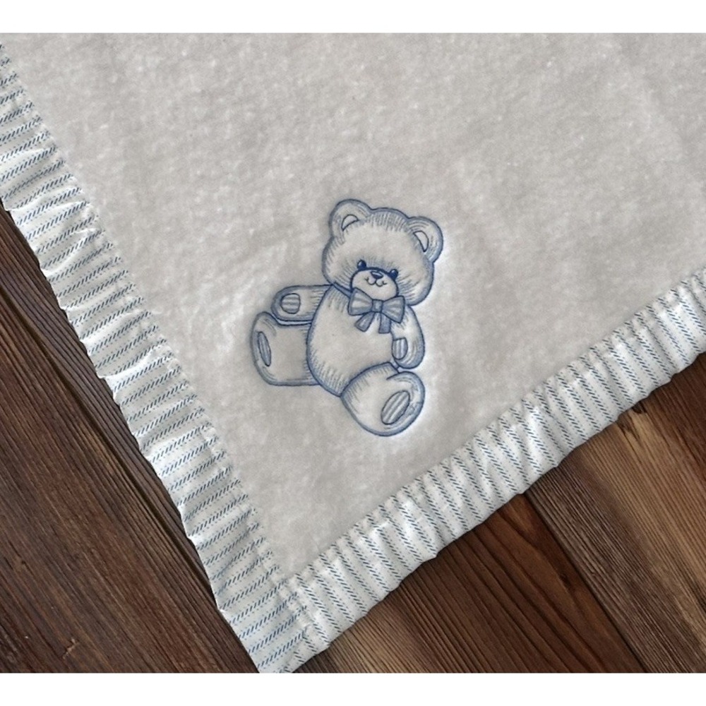 Vintage Gerber Baby Blanket Striped Satin Trim Embroidered Bear Blue White 37X47